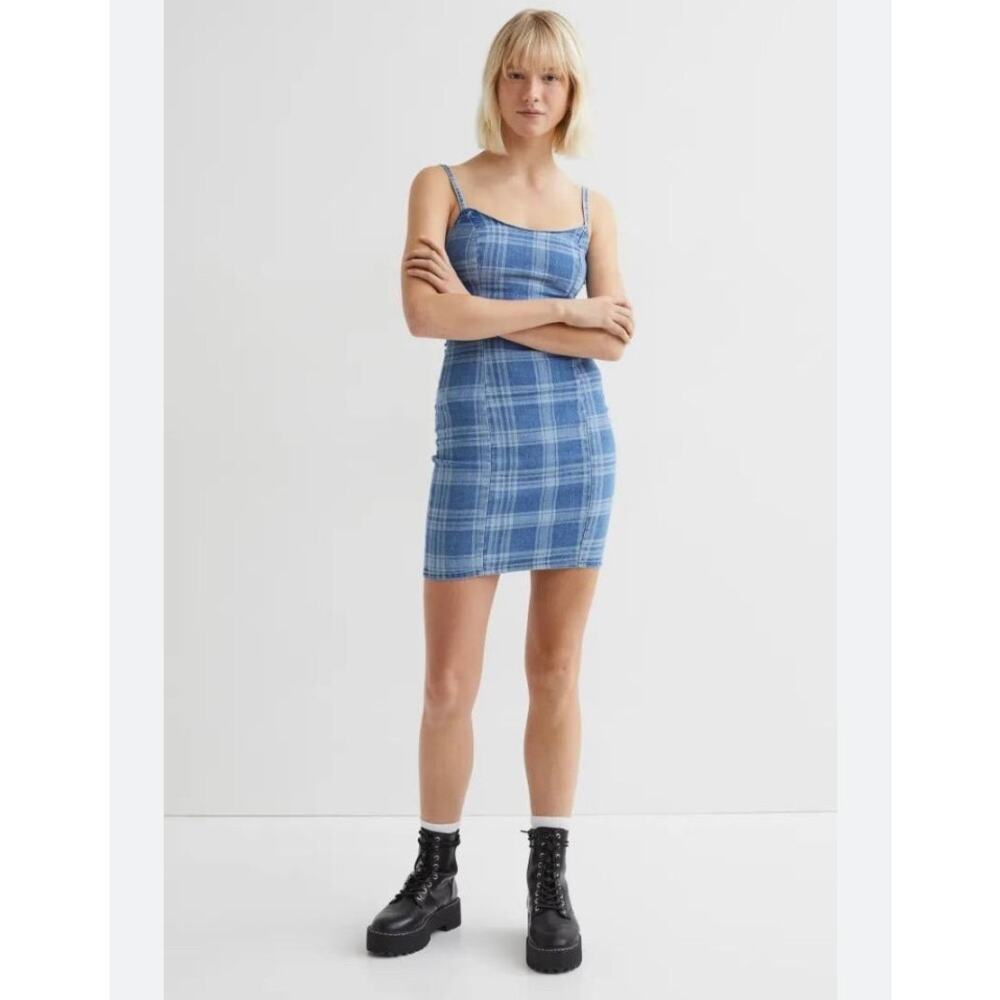 90s Grunge Divided Denim Blue Plaid Mini Dress Size Small Bodycon